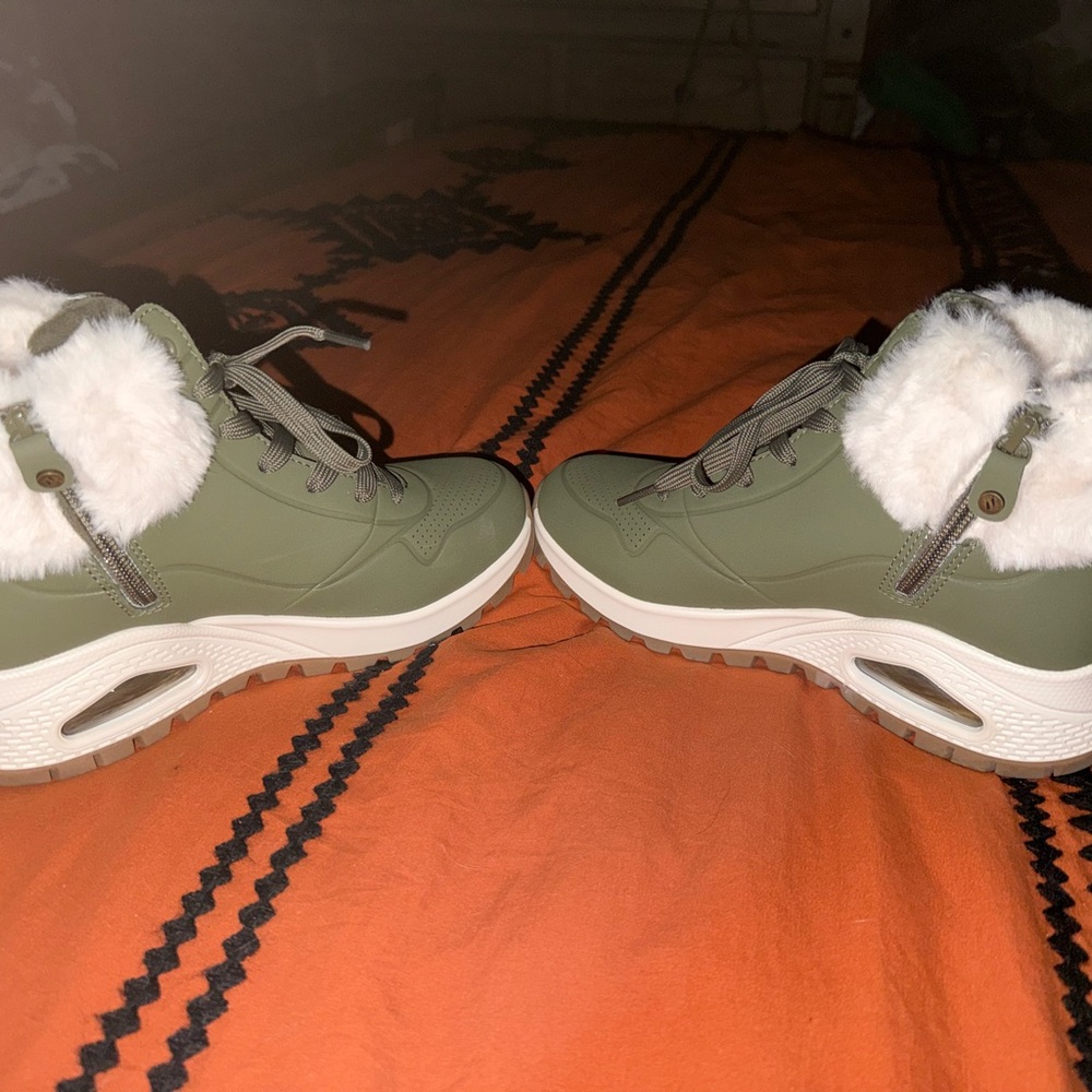Skechers Women's Olive and Cream Fur-Lined Sneakers - Picture 2 of 4